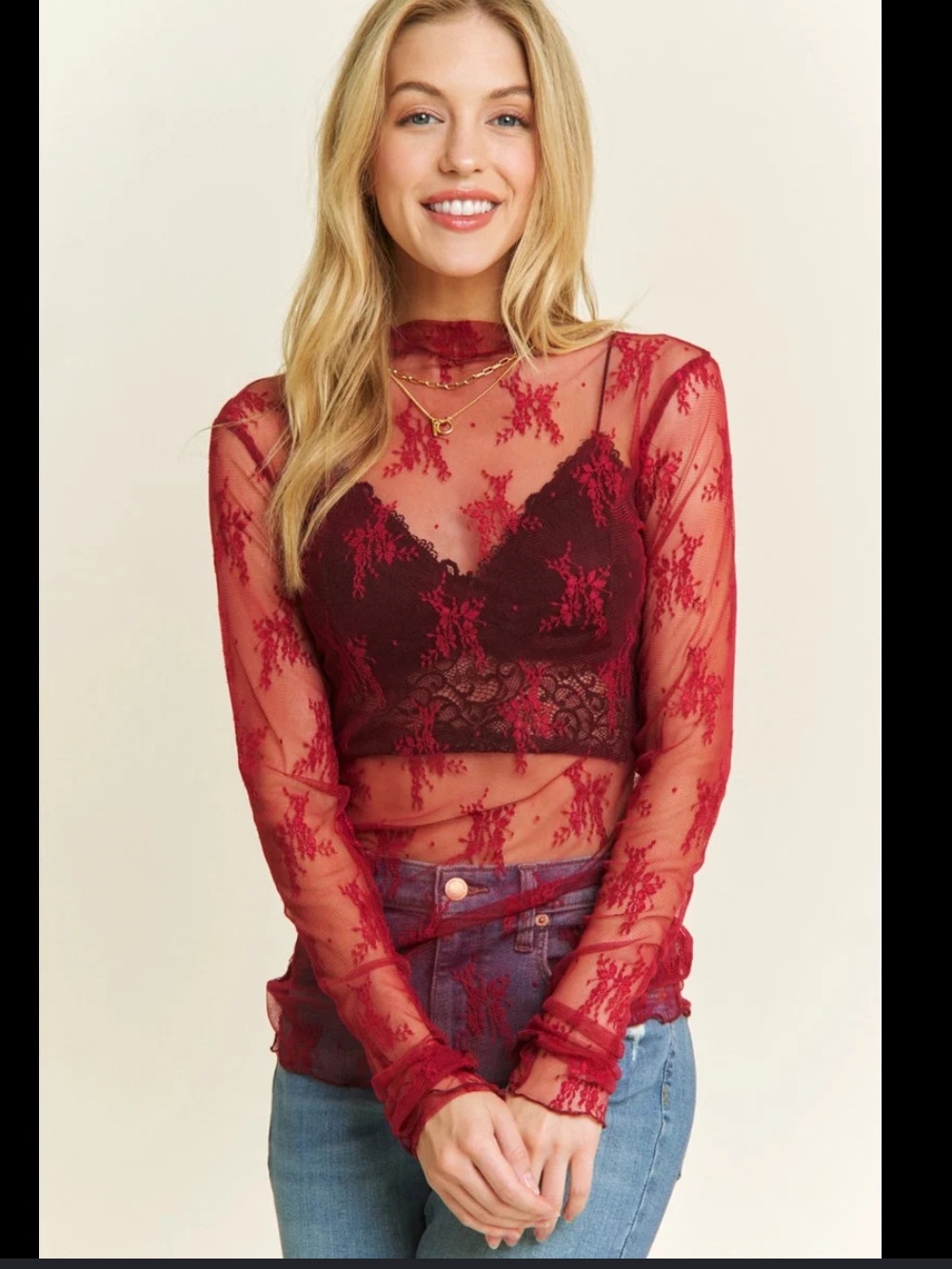 SHEIN Red Sheer Lace Long-Sleeve Camisole
